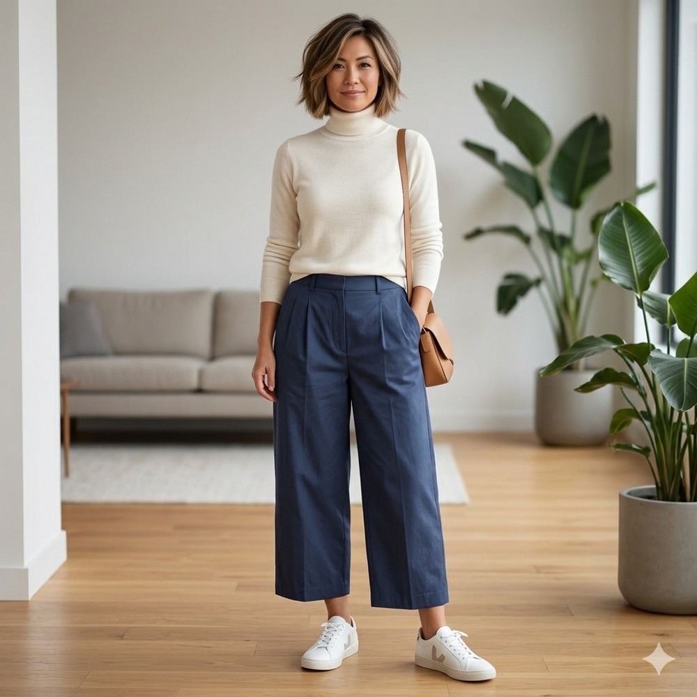 New Gentle Herd Womens Size Large Pleated Wide Leg Cropped Pants Navy Blue Nylon